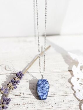 SODALITE natural stone coffin pendant necklace on silver chain NEW